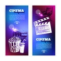 Set of movie cinema banners. Background with hand drawn sketch illustrations and light effects Royalty Free Stock Photo