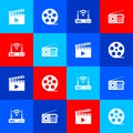 Set Movie clapper, Film reel, Router and wi-fi and Radio icon. Vector