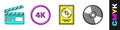 Set Movie clapper, 4k Ultra HD, CD disk award in frame and CD or DVD disk icon. Vector Royalty Free Stock Photo