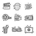 Set of movie doodle illustrations with cute hand-drawn style isolated on white background