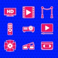 Set Movie, film, media projector, 3D cinema glasses, VHS video cassette tape, Online play, spotlight, Remote control Royalty Free Stock Photo