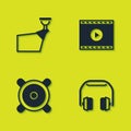 Set Movie spotlight, Headphones, Stereo speaker and Online play video icon. Vector