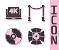 Set Movie spotlight, Laptop with 4k video, CD or DVD disk and Carpet with barriers icon. Vector