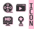 Set Movie trophy, Film reel, Monitor with HD video and Online play video icon. Vector Royalty Free Stock Photo