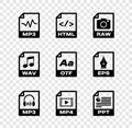 Set MP3 file document, HTML, RAW, , MP4 and PPT icon. Vector Royalty Free Stock Photo