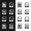Set MP3 file document, WAV, RAW, XSL, CSS and XML icon. Vector Royalty Free Stock Photo