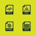 Set MP3 file document, XLS, HTML and OBJ icon. Vector Royalty Free Stock Photo