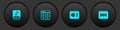 Set MP3 file, Music playlist, Speaker volume and Rewind button icon. Vector