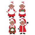 Set of Mrs. Claus Black skin Vector isolated on white background. Cute Afro Santa Wife Cartoon Character with gift box Royalty Free Stock Photo