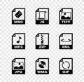 Set MSG file document, JS, TIFF, JPG, WMA and GIF icon. Vector Royalty Free Stock Photo
