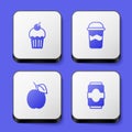 Set Muffin, Coffee cup to go, Plum fruit and Soda can icon. White square button. Vector