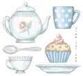 Set with mug, cup, teaspoon, teapot, plate and cupcake