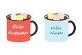 Set of 2 Mugs with 2 seasonal lettering Hello autumn, Hello winter, wam drink and marshmallow cubes