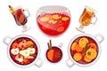 Set: Mulled wine, Christmas punch, grog.Hot drinks in a mug, glass. the saucepan. a punch bowl.