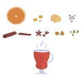 Set for mulled wine. glass of mulled wine. recipe for making a hot drink from wine with spices. doodles isolates. poster for cafe