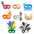 Set of multi-colored carnival masks for a festive evening or going to a party. Vector, illustration in flat style Royalty Free Stock Photo