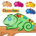 A set of multi-colored chameleons sitting on a tree. Cartoon design.