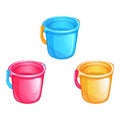 Set of multi-colored children toy plastic buckets. Royalty Free Stock Photo