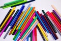 A set of multi-colored felt-tip pens in a row, rainbow on a light white banner background. Drawing markers, pencils, ink, artist Royalty Free Stock Photo