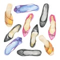 Set of summer women`s flat shoes. Watercolor.