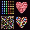 A set of multi-colored gems. Contains precious stones of different shapes, a seamless pattern and hearts of diamonds. Vector.. Royalty Free Stock Photo
