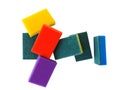 Set multi-colored household cleaning sponge. Cleaning service,spring cleaning concept. Flat lay, Top view.