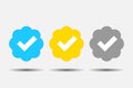 A set of multi-colored icons - checkmarks for checking a profile. Profile verification checkmark icons. Blue, gold and gray icon.