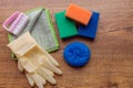 A set colorful items necessary for washing and cleaning in the kitchen