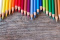 Creativity: Multi-colored pencils on rustic wooden table