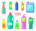 Set icons of house cleaners. Plastic containers, bottles, brush. Logo, flat vector illustration