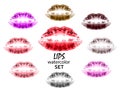 A set of multi-colored prints of lips and kisses. World Kiss Day. 6 July. Watercolor pink, red, purple, gray, raspberry lips. Royalty Free Stock Photo