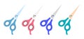 Set of multi-colored scissors. Variation of colors. Sharp cutting tool. Chancellery. Office, hairdresser or school item.