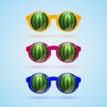 A set of multi-colored sun-protection glasses with transparent glasses in the form of a watermelon.