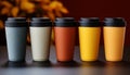 Set of multi-colored takeaway coffee glasses. Convenient bright paper cups of coffee to go Royalty Free Stock Photo