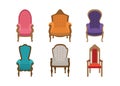 Set of multi-colored thrones chairs. A collection of 6 soft comfortable chairs in a vintage antique style. Design elements, access Royalty Free Stock Photo