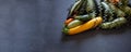A set of multi-colored zucchini yellow, green, white, orange on the table close-up. Food background. Fresh harvested Royalty Free Stock Photo