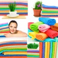 Set of multicolor towels, fresh green grass, white cup of tea an Royalty Free Stock Photo