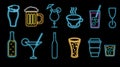Set of multicolored abstract neon glowing shiny icons, signs of alcoholic drinks for the bar, cafe: cocktails, glasses, beer, Royalty Free Stock Photo