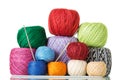 Set of multicolored balls of yarn of different textures, knitting needles and crochet hooks isolated on white Royalty Free Stock Photo