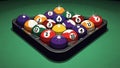 Colorful billiard balls arranged in a rack on a green pool table Royalty Free Stock Photo