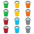 Set of multicolored buckets of water with a black handle raised up. Cartoon buckets with and without shadow. Water pails