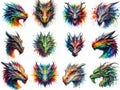 Set of the multicolored colorful rainbow dragon head illustration Royalty Free Stock Photo