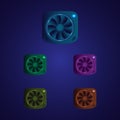 Set of multicolored computer coolers on a dark blue background. Electronics concept. Vector illustration.