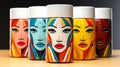 A set of multicolored containers for beauty products.