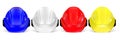 Set of multicolored 3d glossy safety helmets. Three-dimensional hard hats isolated on a white background. Royalty Free Stock Photo