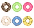 A set of multicolored delicious donuts with different sprinkling and glaze. Vector. Royalty Free Stock Photo