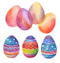 Set of festive Easter eggs with ornament. Watercolor drawing Royalty Free Stock Photo