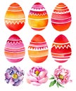 Set of festive Easter eggs with ornament. Watercolor drawing Royalty Free Stock Photo