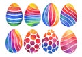 Set of festive Easter eggs with ornament. Watercolor drawing Royalty Free Stock Photo