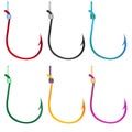 Set of multicolored fishing hooks on a fishing line
